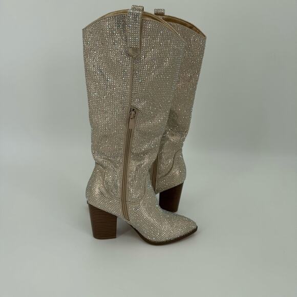 Top Moda Women's Rhinestone Bling Glitter Knee High Almond Western Boots Size 8 - Picture 5 of 10